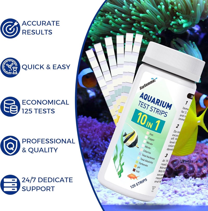SaySummer Aquarium Test Strips for Saltwater Tank: 10-in-1 125 Counts Salt Water Aquarium Water Test Kit, Fish Tank Test Strips for Testing Salt Chlorine Copper Nitrate pH and More, AQSTTN24 - Image 4